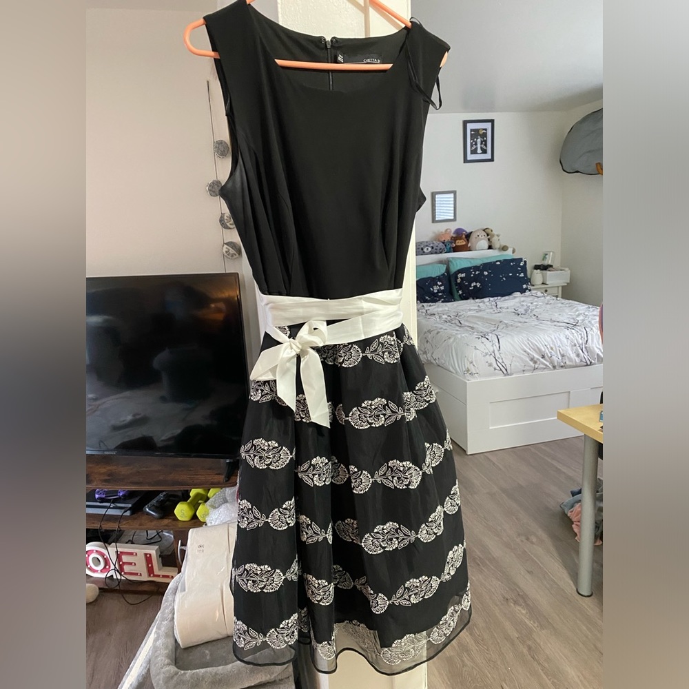 Chetta B black and white dress with white sash belt
